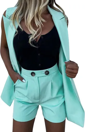 2 Piece Outfits for Women Sleeveless Solid Color Blazer with Shorts Casual Elegant Business Coat for Winter