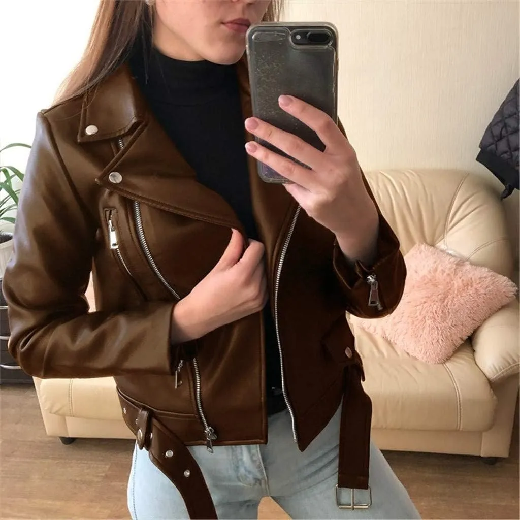 2024 Fall Women's Faux Leather Biker Motorcycle Jackets Plus Size Long Sleeve Zipper Slim Fit Short Casual Coat Outwear