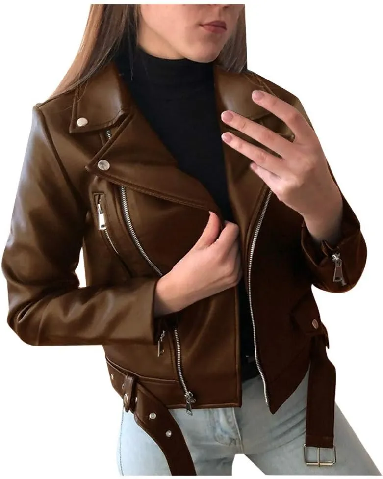 2024 Fall Women's Faux Leather Biker Motorcycle Jackets Plus Size Long Sleeve Zipper Slim Fit Short Casual Coat Outwear