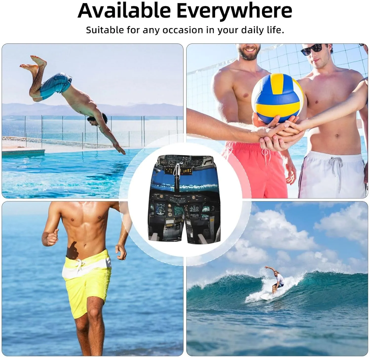 Airplane Cockpit Print Mens Swim Trunks Quick Dry Board Shorts Mesh Lining, Breathable Beach Surf Shorts