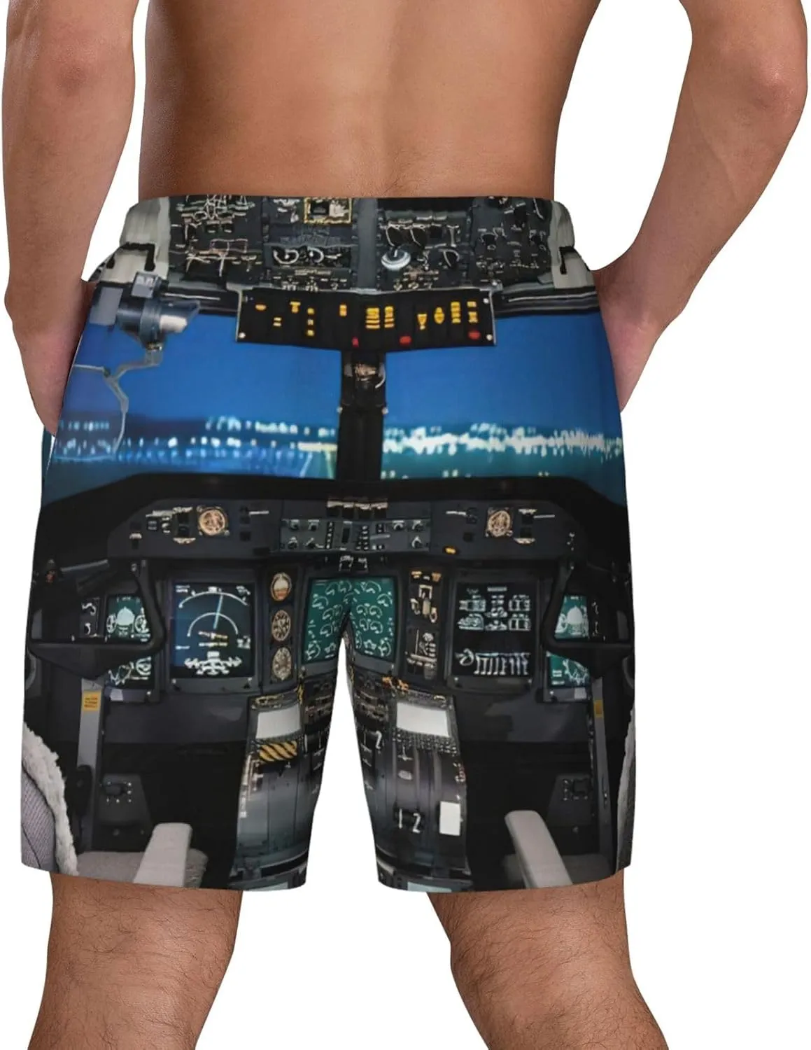 Airplane Cockpit Print Mens Swim Trunks Quick Dry Board Shorts Mesh Lining, Breathable Beach Surf Shorts