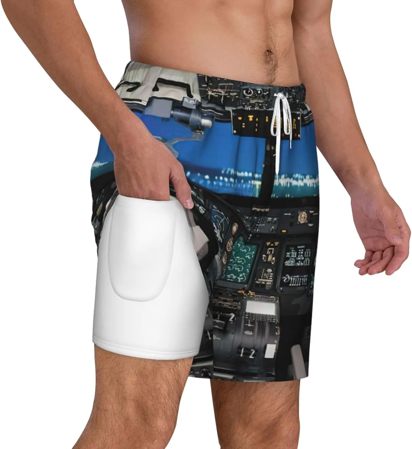 Airplane Cockpit Print Mens Swim Trunks Quick Dry Board Shorts Mesh Lining, Breathable Beach Surf Shorts