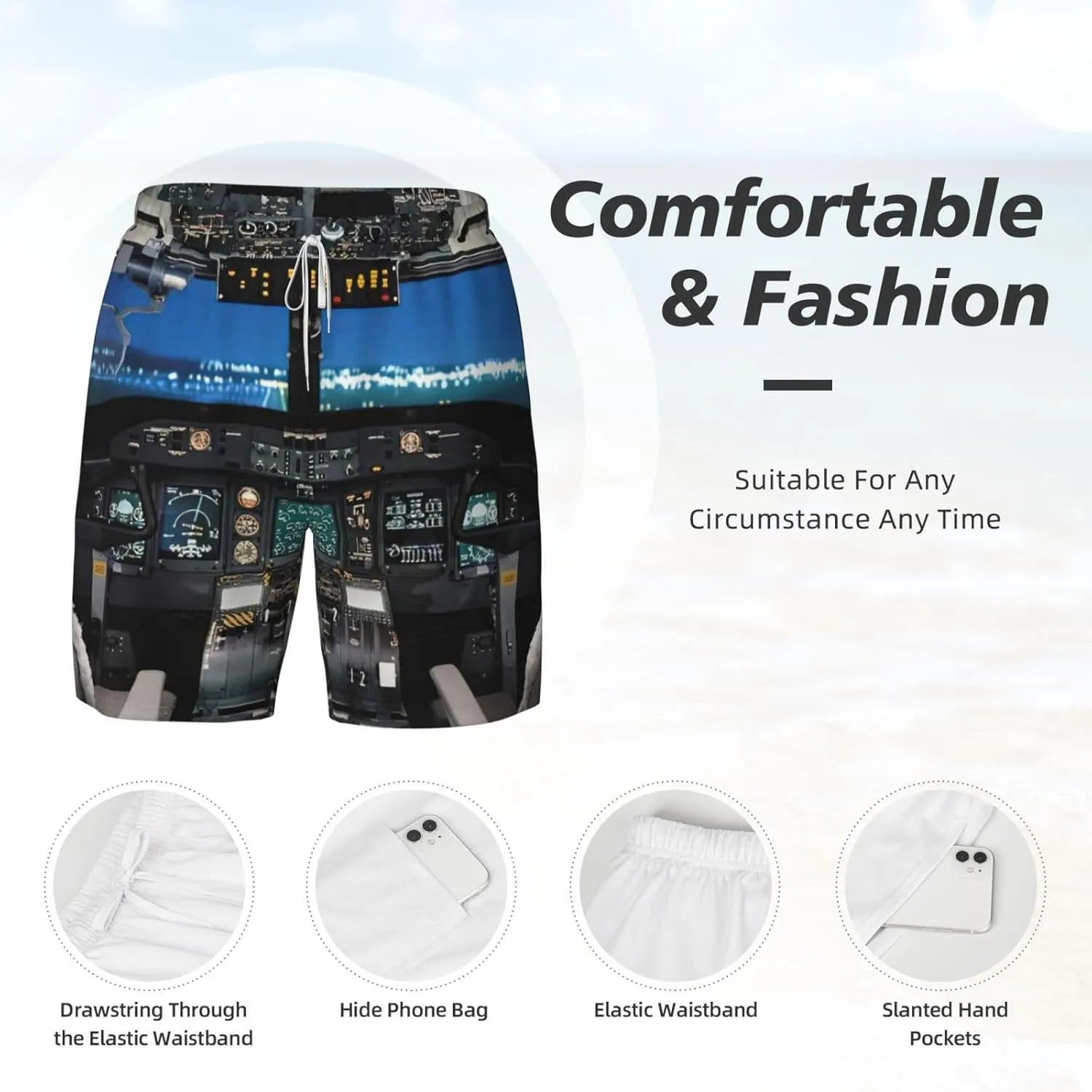 Airplane Cockpit Print Mens Swim Trunks Quick Dry Board Shorts Mesh Lining, Breathable Beach Surf Shorts
