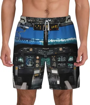 Airplane Cockpit Print Mens Swim Trunks Quick Dry Board Shorts Mesh Lining, Breathable Beach Surf Shorts