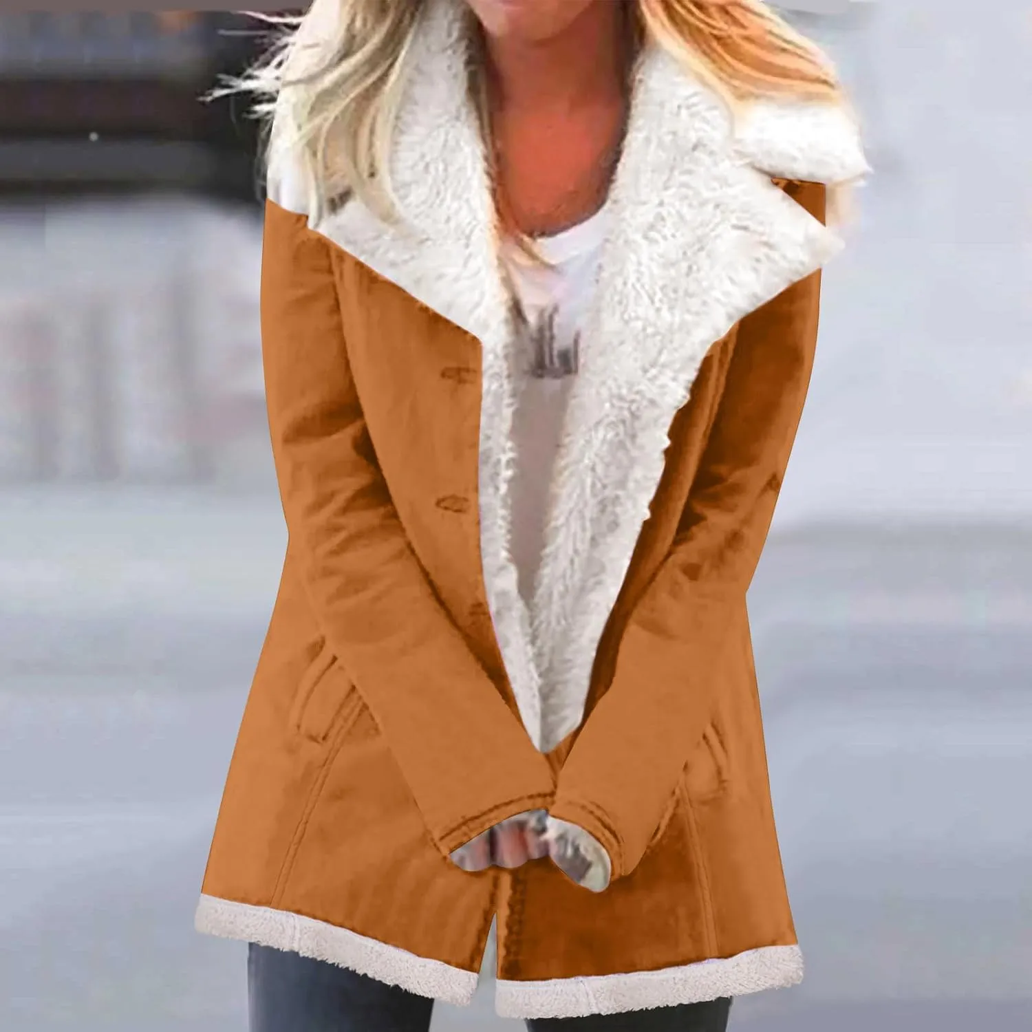 Akklian Womens Winter Warm Fuzzy Jacket Coat Lapel Wool Blend Sherpa Long Coats Thicken Button Down Outerwear with Pockets