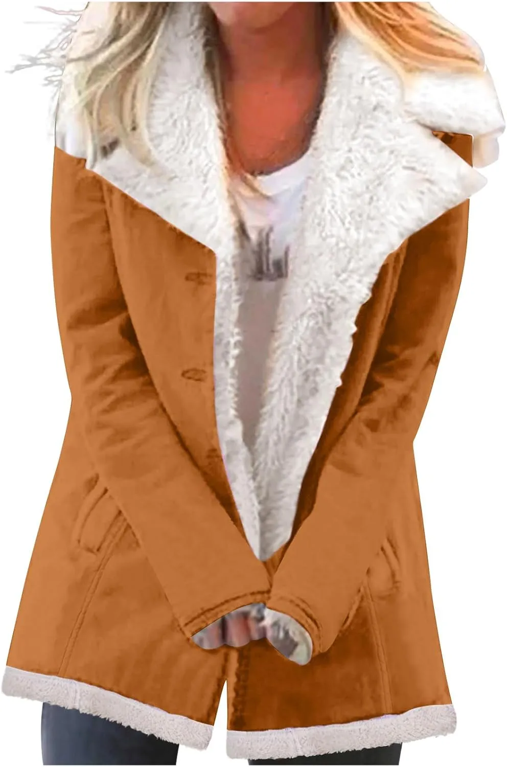 Akklian Womens Winter Warm Fuzzy Jacket Coat Lapel Wool Blend Sherpa Long Coats Thicken Button Down Outerwear with Pockets