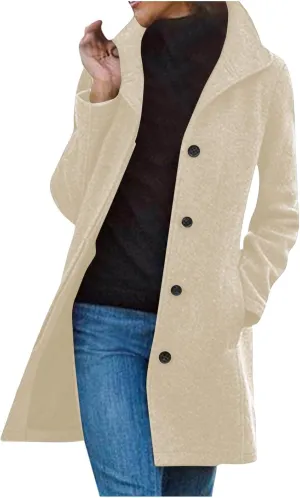Akklian Women's Winter Wool Blend Pea Coat Single Breasted Stand Collar Casual Trench Coat Overcoat Business Office Outwear