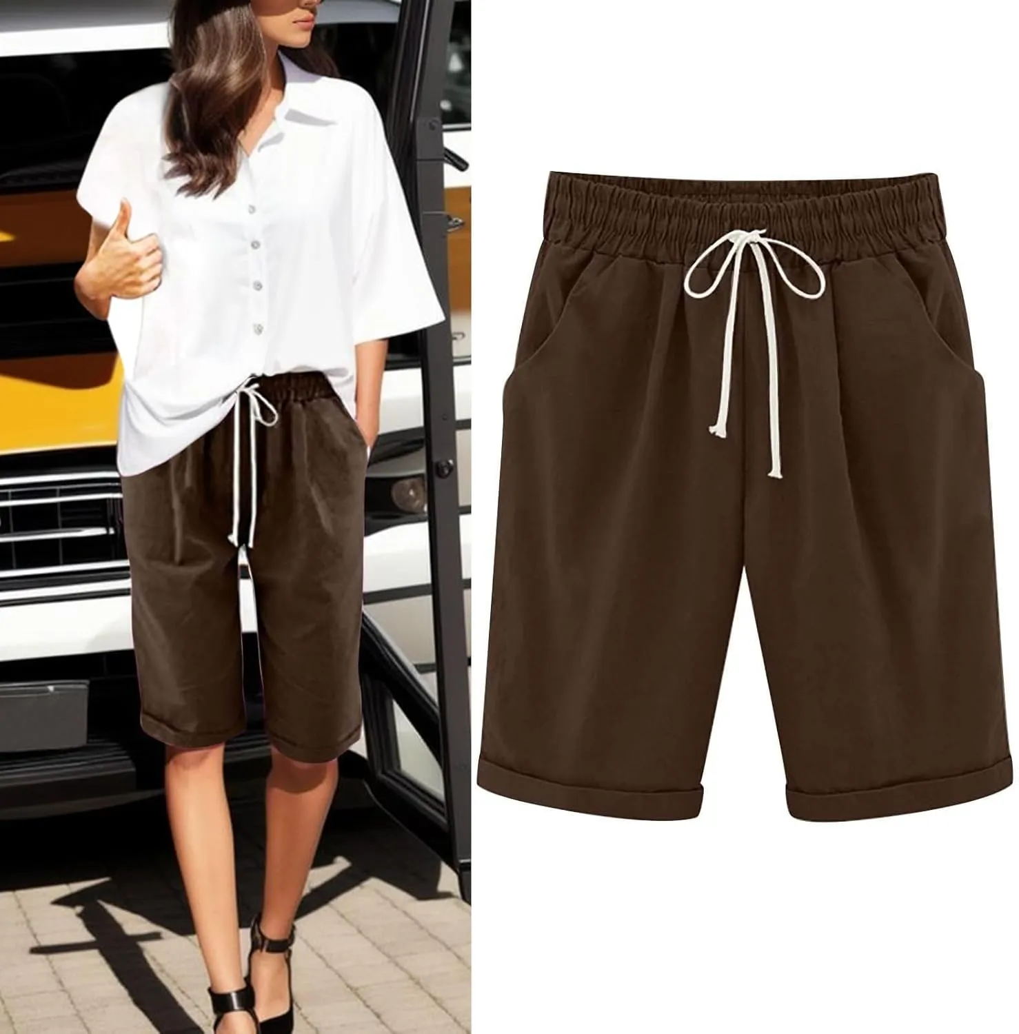 AMDBEL Womens Bermuda Shorts Plus Size Summer Sweat Shorts with Deep Pockets Cotton Shorts for Women Gym Workout