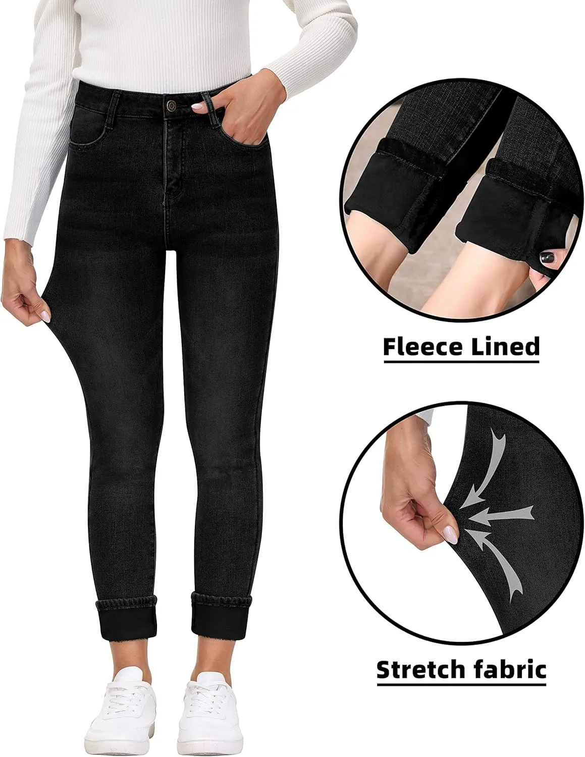 AMRSPENG Women's Fleece Lined Jeans Winter Flannel Lined Pants Thicken Stretch Warm Thermal Skinny Jeans