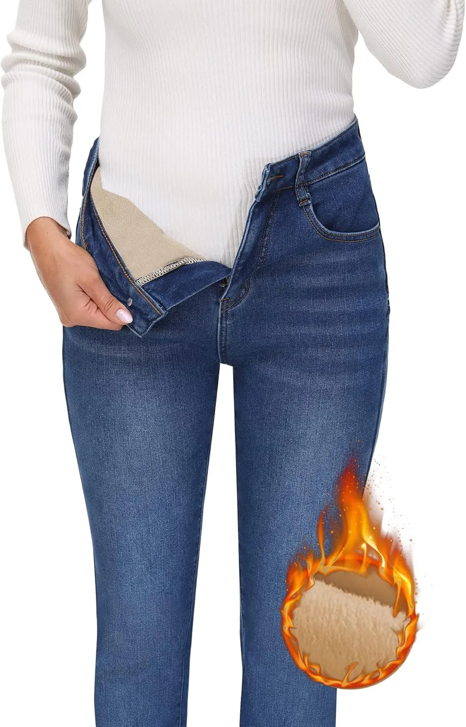 AMRSPENG Women's Fleece Lined Jeans Winter Flannel Lined Pants Thicken Stretch Warm Thermal Skinny Jeans