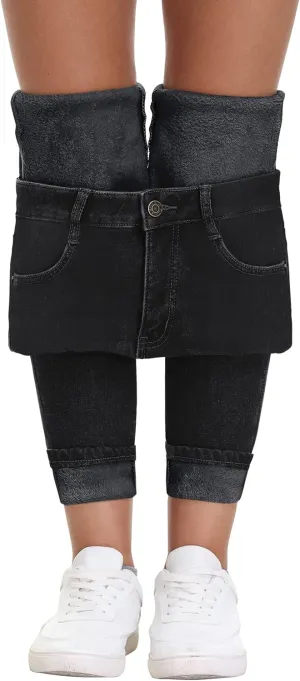 AMRSPENG Women's Fleece Lined Jeans Winter Flannel Lined Pants Thicken Stretch Warm Thermal Skinny Jeans