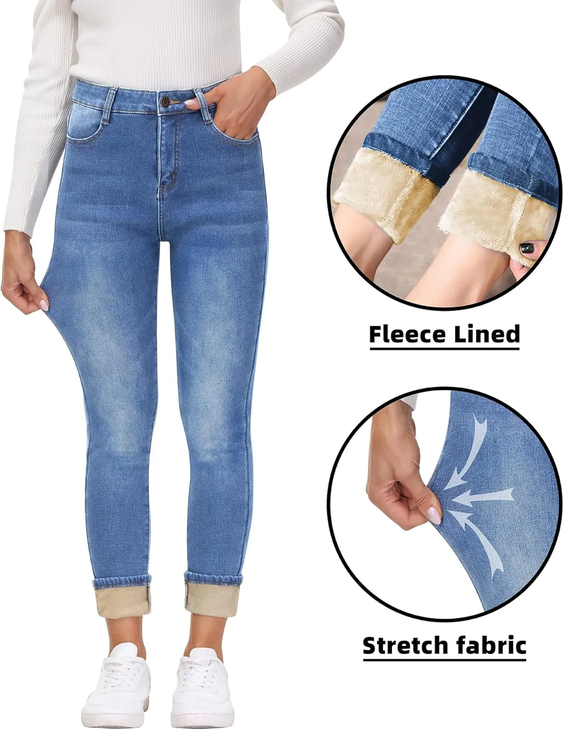 AMRSPENG Women's Fleece Lined Jeans Winter Flannel Lined Pants Thicken Stretch Warm Thermal Skinny Jeans