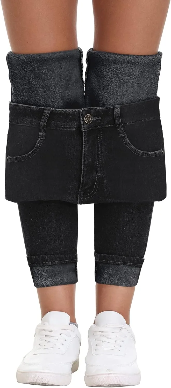 AMRSPENG Women's Fleece Lined Jeans Winter Flannel Lined Pants Thicken Stretch Warm Thermal Skinny Jeans