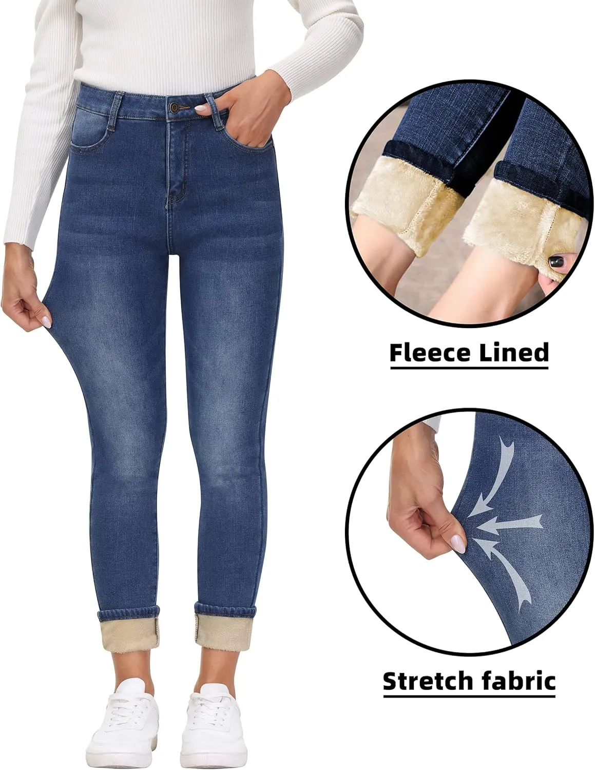 AMRSPENG Women's Fleece Lined Jeans Winter Flannel Lined Pants Thicken Stretch Warm Thermal Skinny Jeans