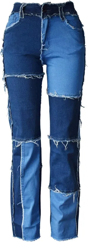 Aodrusa Women Frayed Patch Jeans High Waist Raw Hem Denim Y2k Pants Boyfriend
