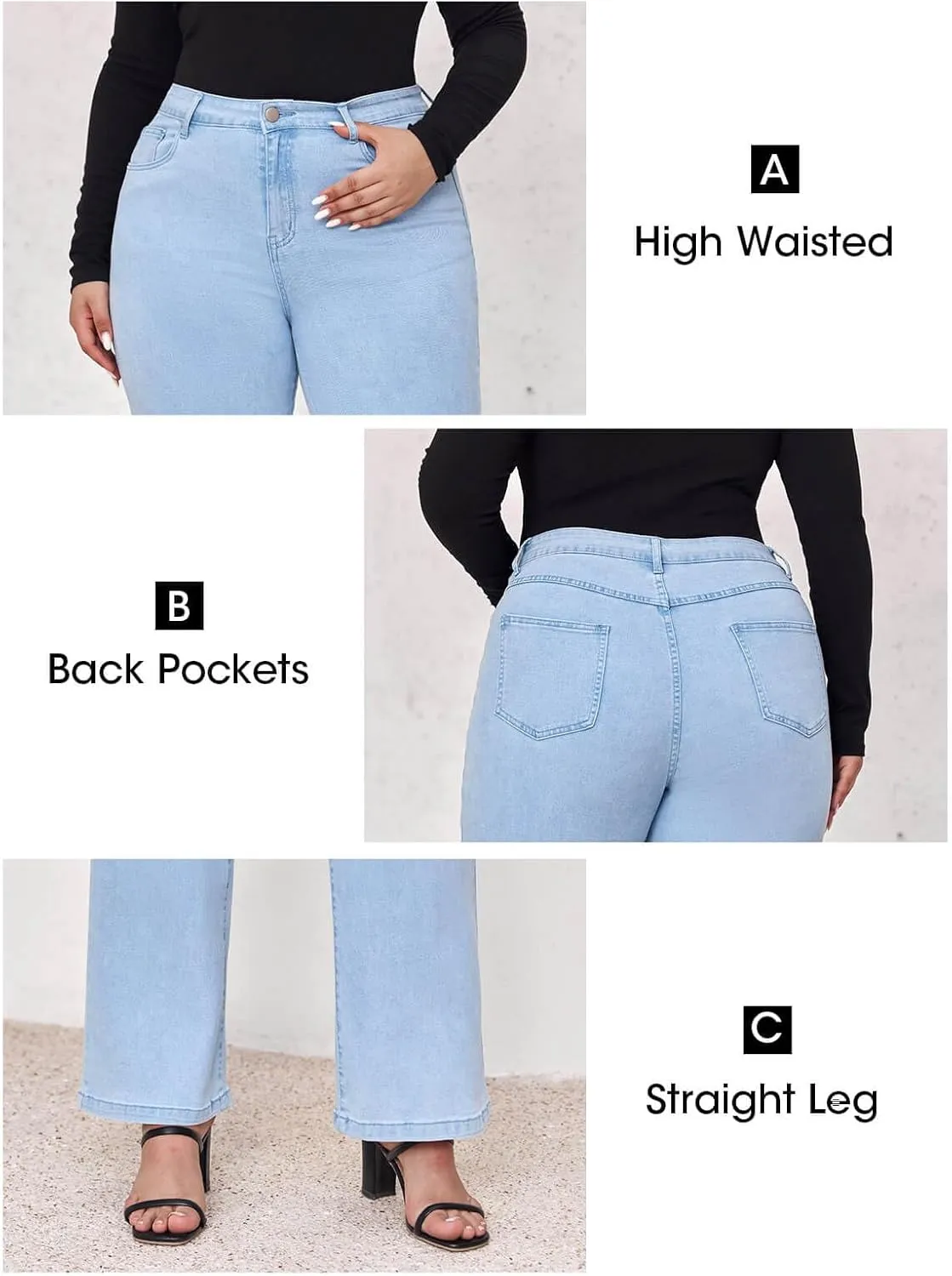Beautife Womens Plus Size Jeans High Waisted Boyfriend Baggy Jeans Straight Leg Stretch Denim Pants
