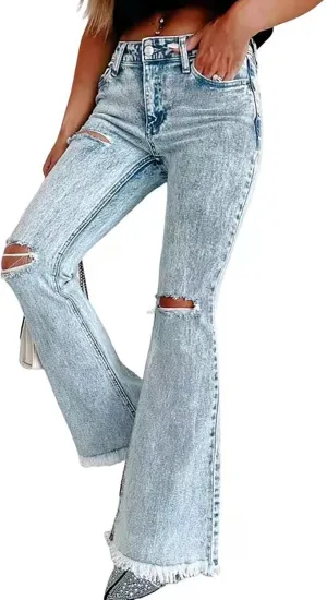 Bell Bottom Jeans for Women High Waisted Ripped Flare Jeans Raw Hem Stretch Wide Leg Denim Pants