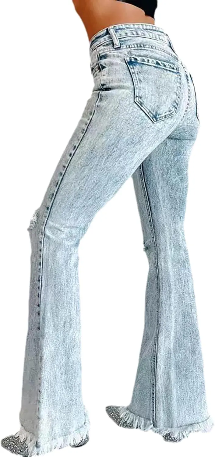 Bell Bottom Jeans for Women High Waisted Ripped Flare Jeans Raw Hem Stretch Wide Leg Denim Pants