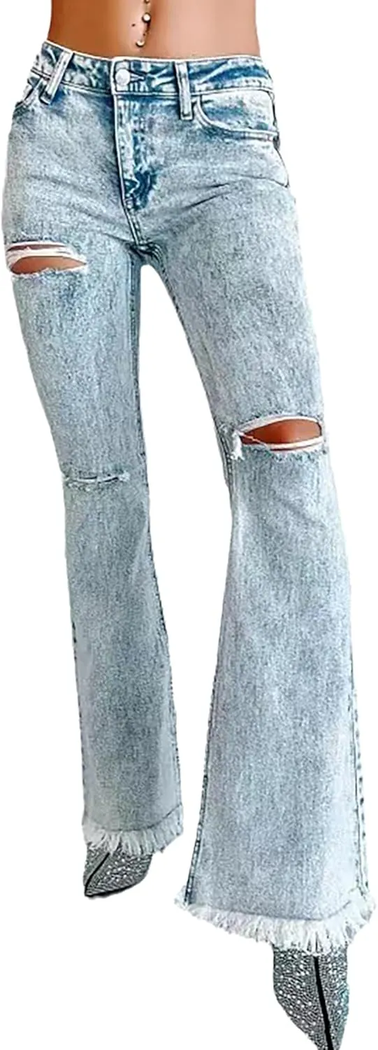 Bell Bottom Jeans for Women High Waisted Ripped Flare Jeans Raw Hem Stretch Wide Leg Denim Pants