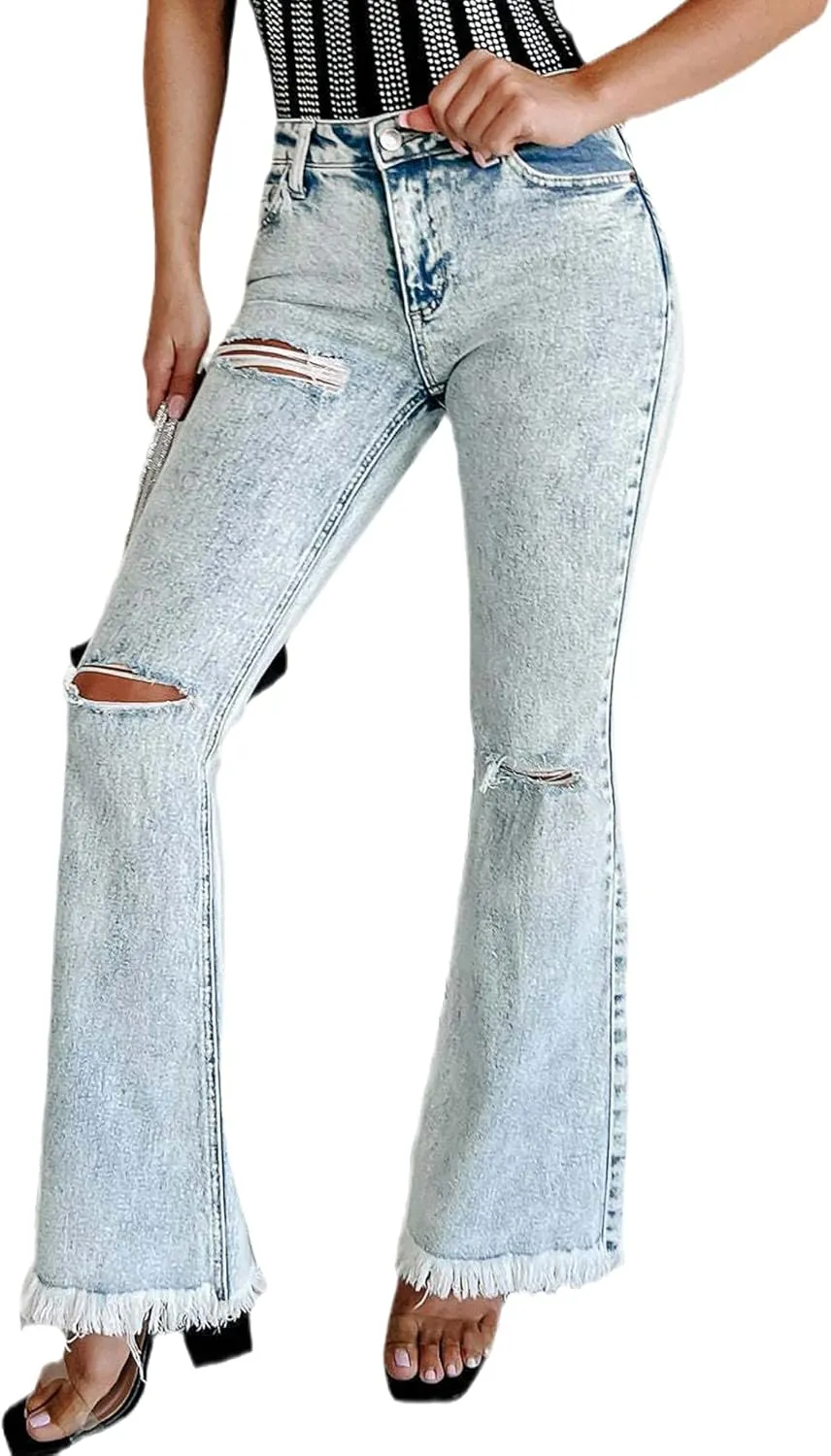 Bell Bottom Jeans for Women High Waisted Ripped Flare Jeans Raw Hem Stretch Wide Leg Denim Pants