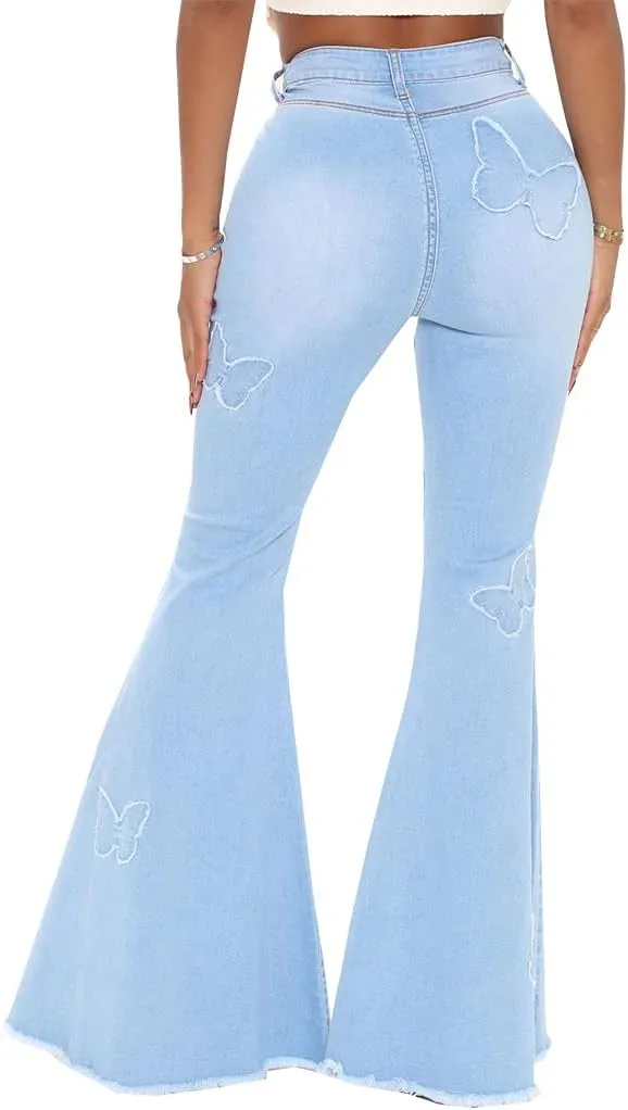 Bell Bottom Jeans for Women Vintage High Waisted Ripped Hole Raw Hem Denim Flare Jeans Pants