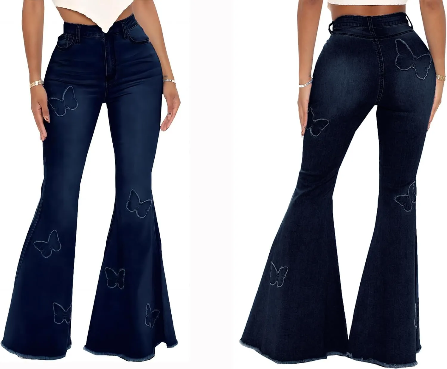 Bell Bottom Jeans for Women Vintage High Waisted Ripped Hole Raw Hem Denim Flare Jeans Pants