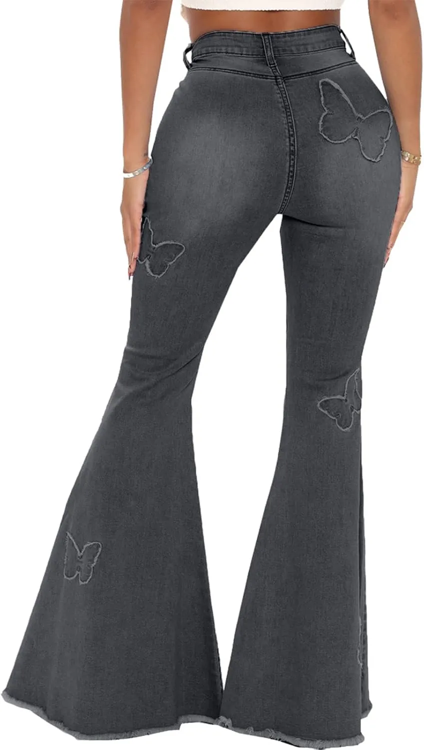 Bell Bottom Jeans for Women Vintage High Waisted Ripped Hole Raw Hem Denim Flare Jeans Pants