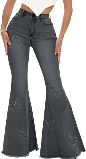 Bell Bottom Jeans for Women Vintage High Waisted Ripped Hole Raw Hem Denim Flare Jeans Pants