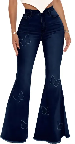 Bell Bottom Jeans for Women Vintage High Waisted Ripped Hole Raw Hem Denim Flare Jeans Pants
