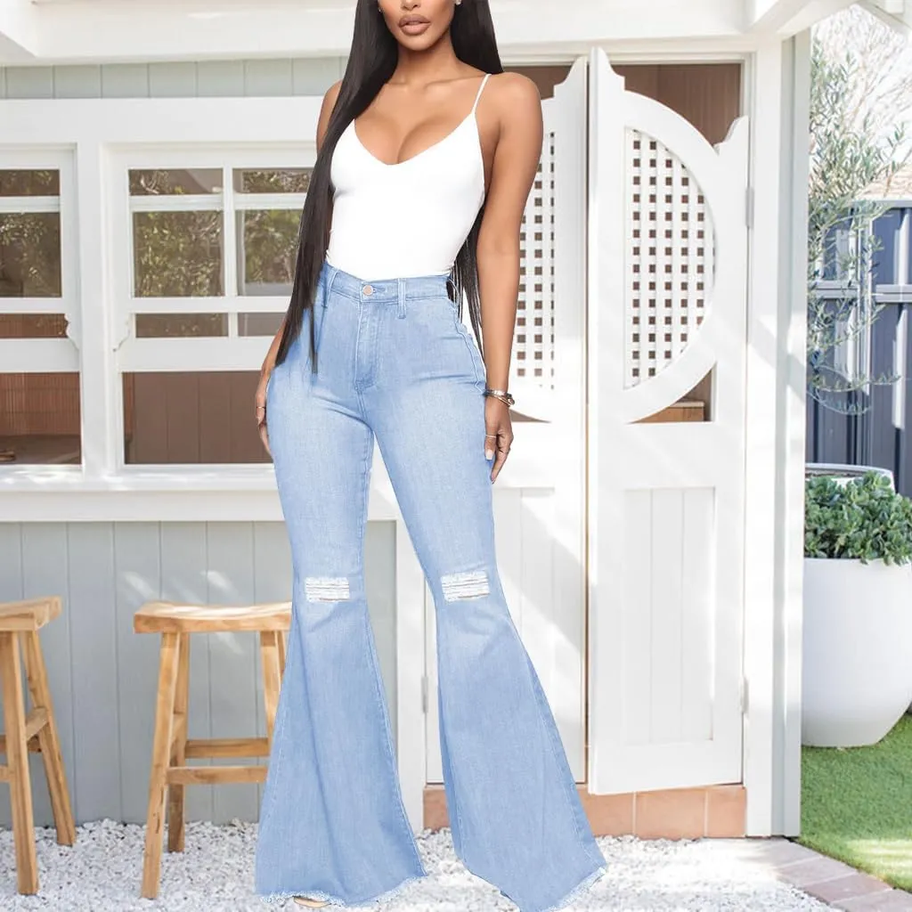 Bell Bottom Jeans for Women Vintage High Waisted Ripped Hole Raw Hem Denim Flare Jeans Pants