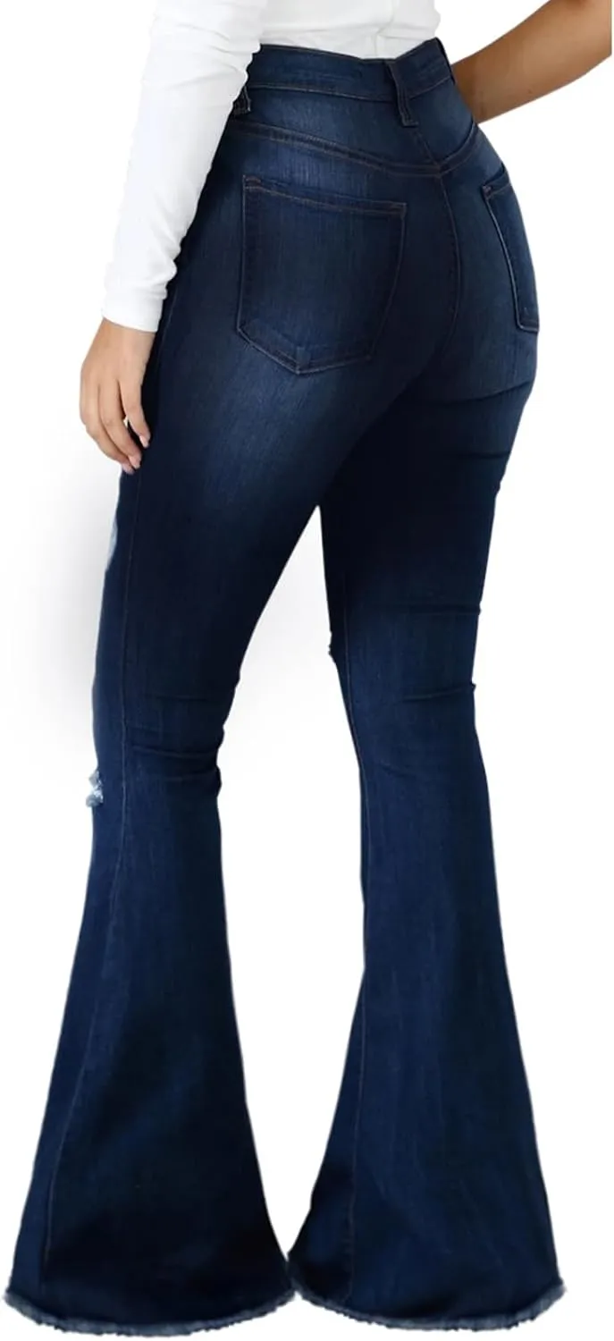 Bell Bottom Jeans for Women Vintage High Waisted Ripped Hole Raw Hem Denim Flare Jeans Pants