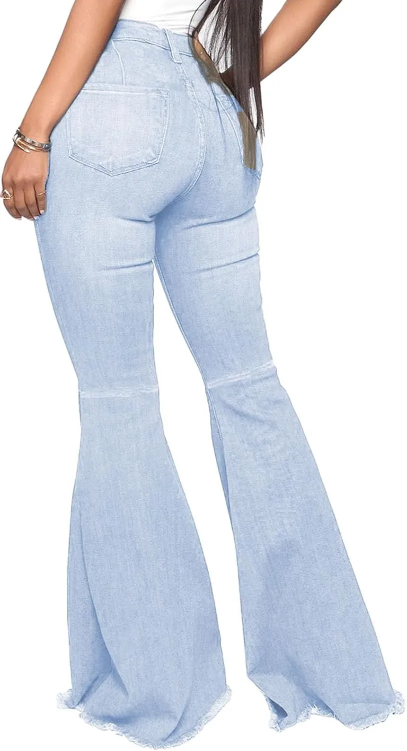 Bell Bottom Jeans for Women Vintage High Waisted Ripped Hole Raw Hem Denim Flare Jeans Pants