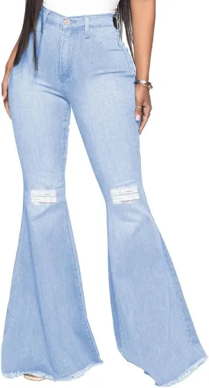 Bell Bottom Jeans for Women Vintage High Waisted Ripped Hole Raw Hem Denim Flare Jeans Pants