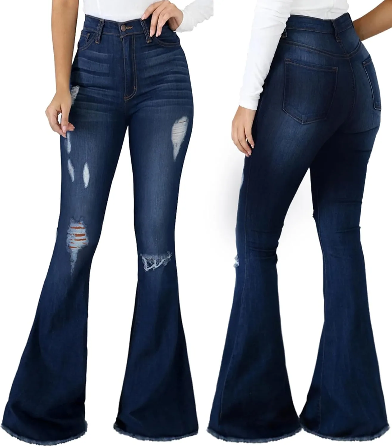 Bell Bottom Jeans for Women Vintage High Waisted Ripped Hole Raw Hem Denim Flare Jeans Pants
