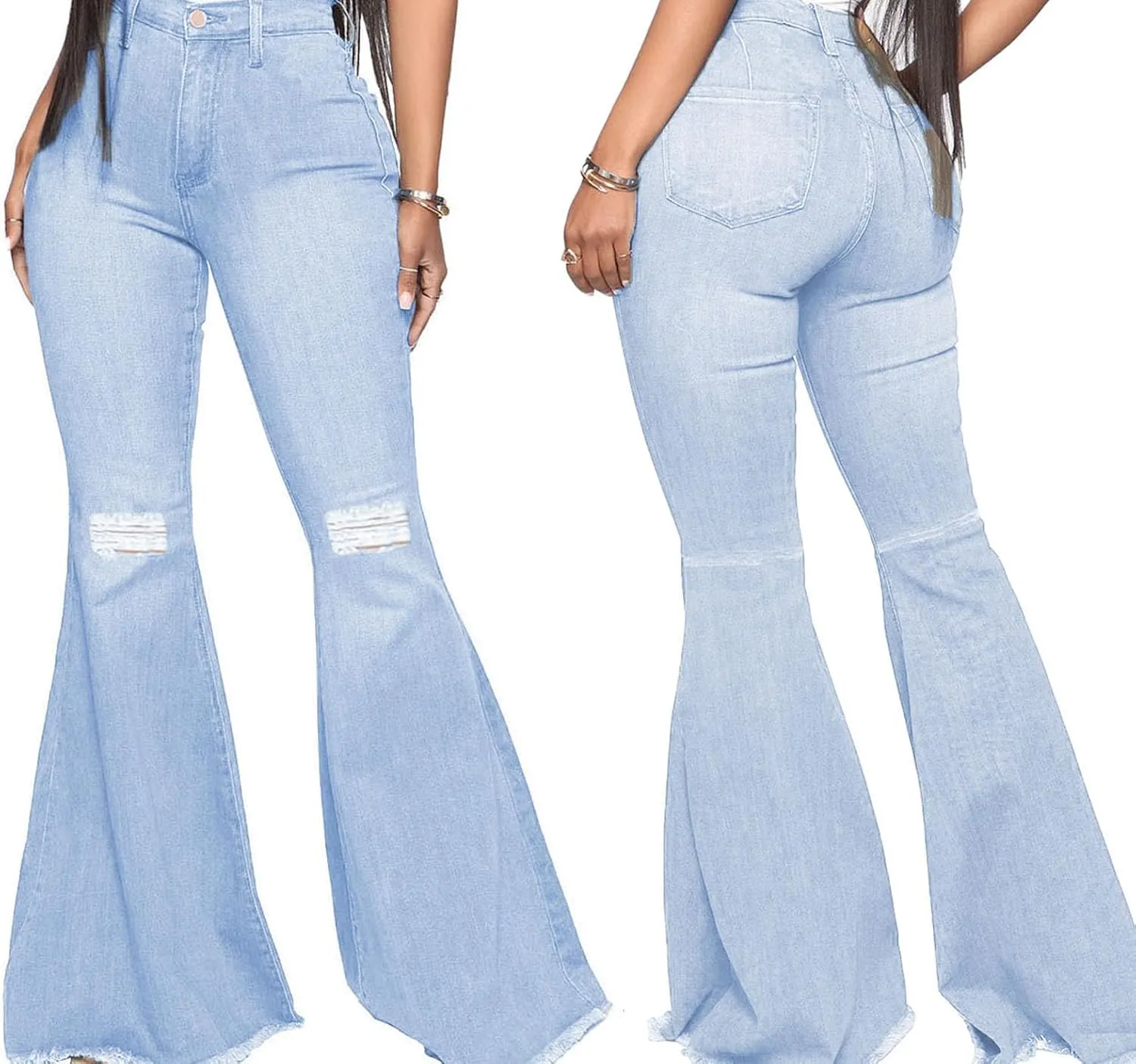 Bell Bottom Jeans for Women Vintage High Waisted Ripped Hole Raw Hem Denim Flare Jeans Pants