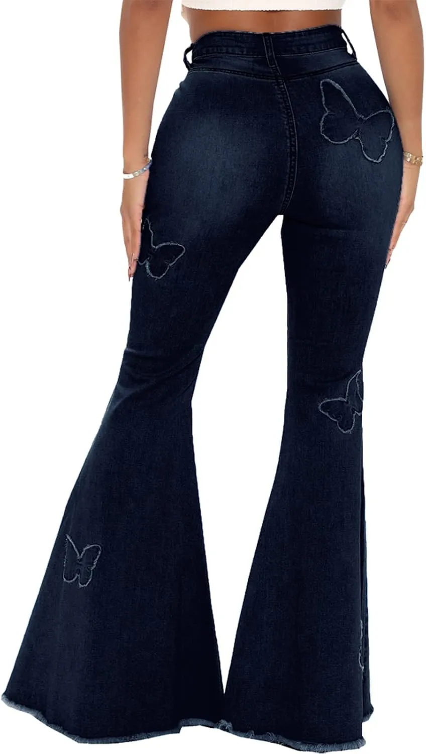 Bell Bottom Jeans for Women Vintage High Waisted Ripped Hole Raw Hem Denim Flare Jeans Pants