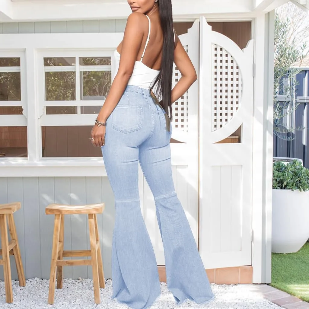Bell Bottom Jeans for Women Vintage High Waisted Ripped Hole Raw Hem Denim Flare Jeans Pants