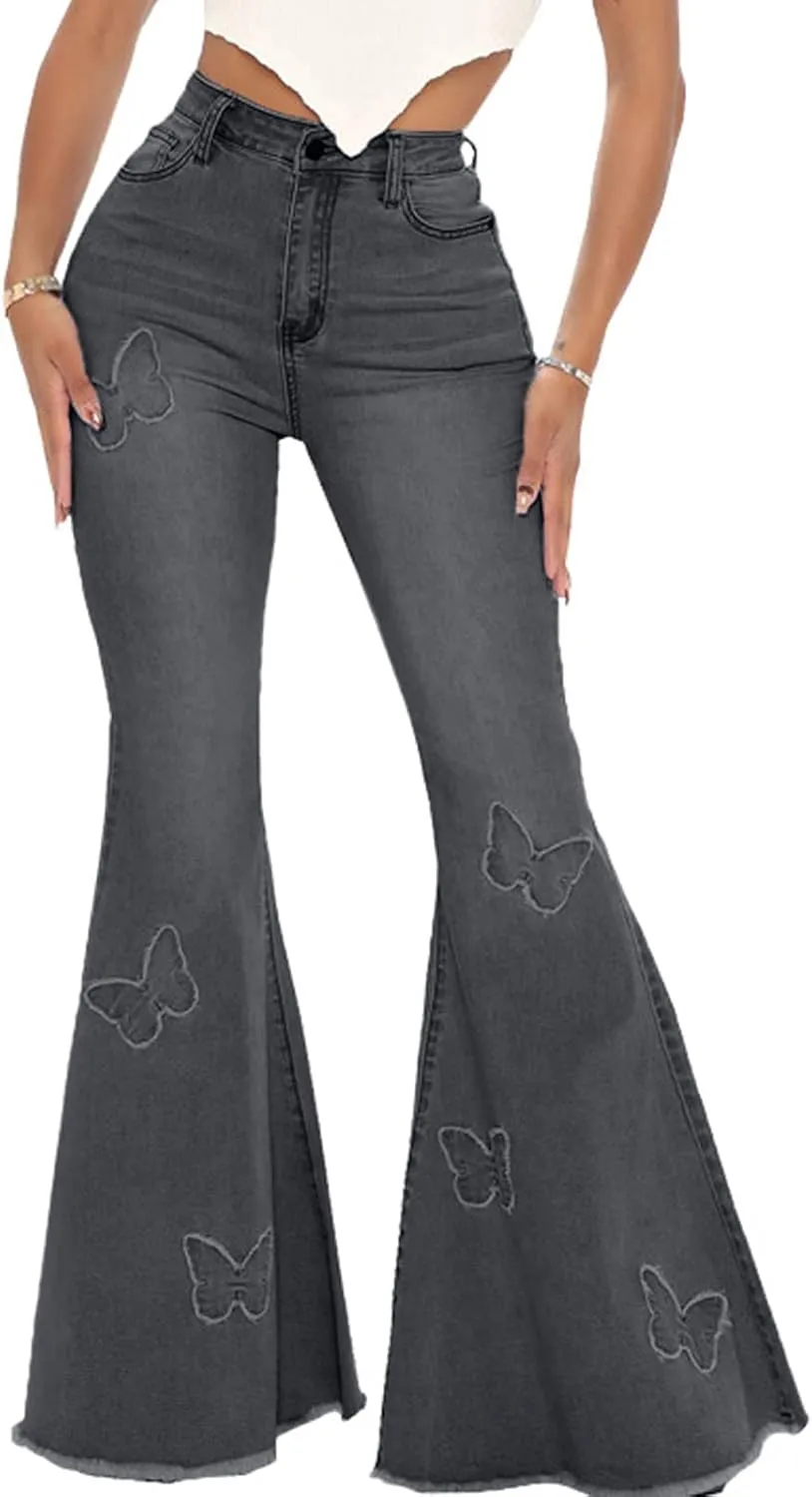 Bell Bottom Jeans for Women Vintage High Waisted Ripped Hole Raw Hem Denim Flare Jeans Pants