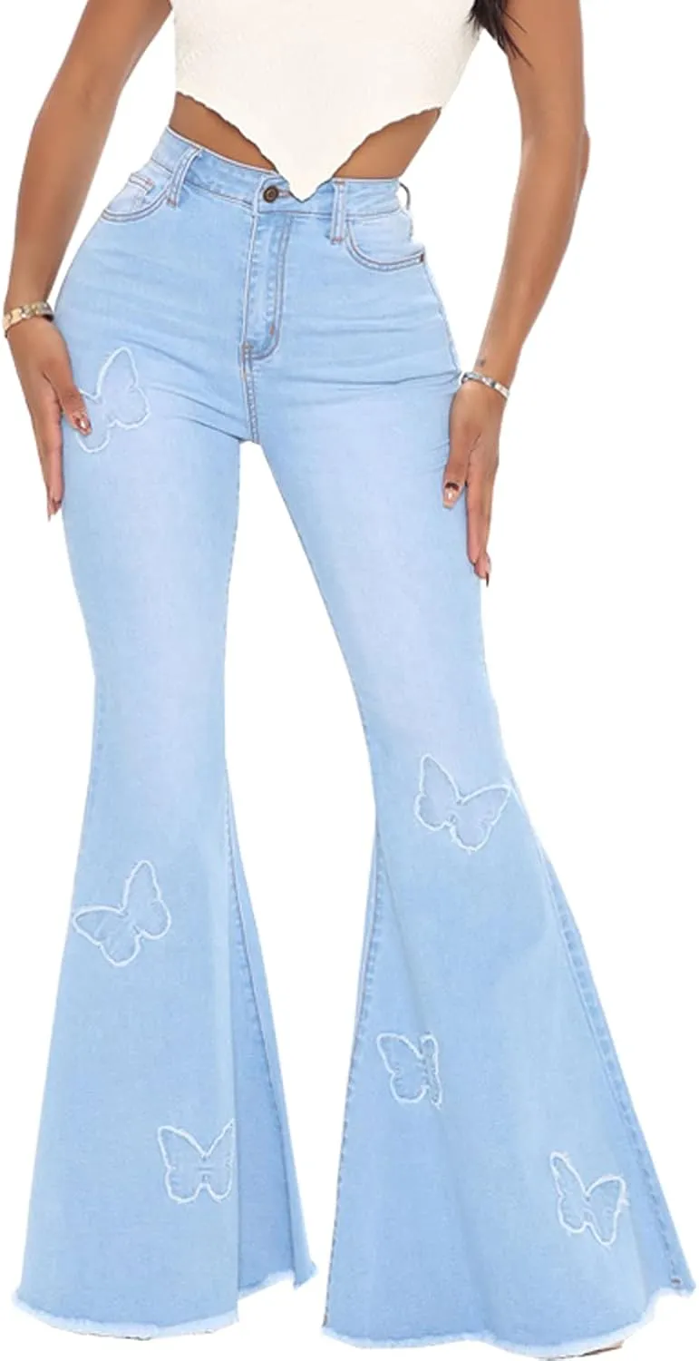Bell Bottom Jeans for Women Vintage High Waisted Ripped Hole Raw Hem Denim Flare Jeans Pants