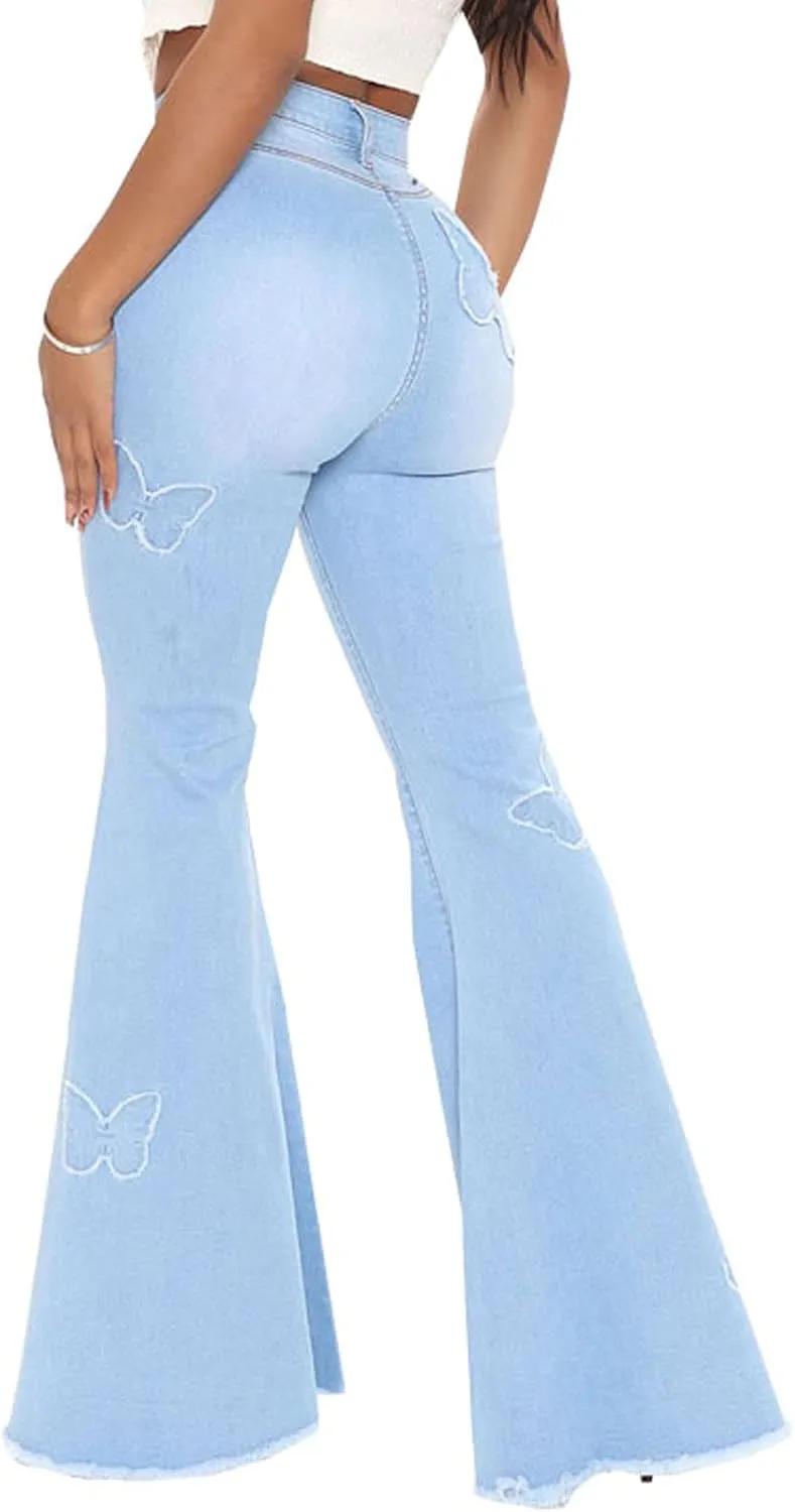 Bell Bottom Jeans for Women Vintage High Waisted Ripped Hole Raw Hem Denim Flare Jeans Pants