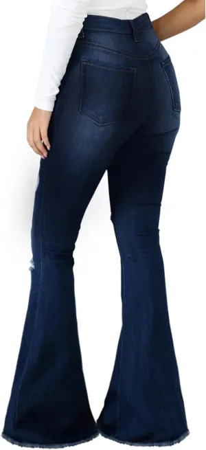 Bell Bottom Jeans for Women Vintage High Waisted Ripped Hole Raw Hem Denim Flare Jeans Pants