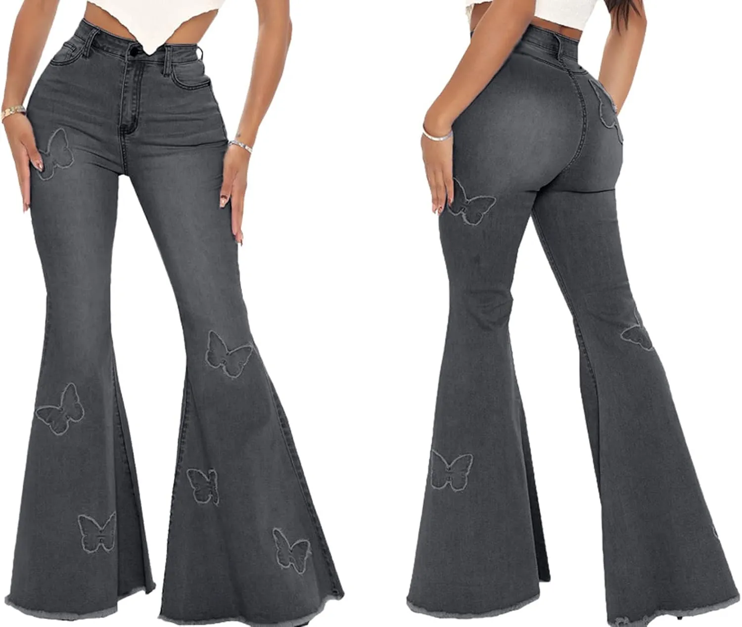 Bell Bottom Jeans for Women Vintage High Waisted Ripped Hole Raw Hem Denim Flare Jeans Pants