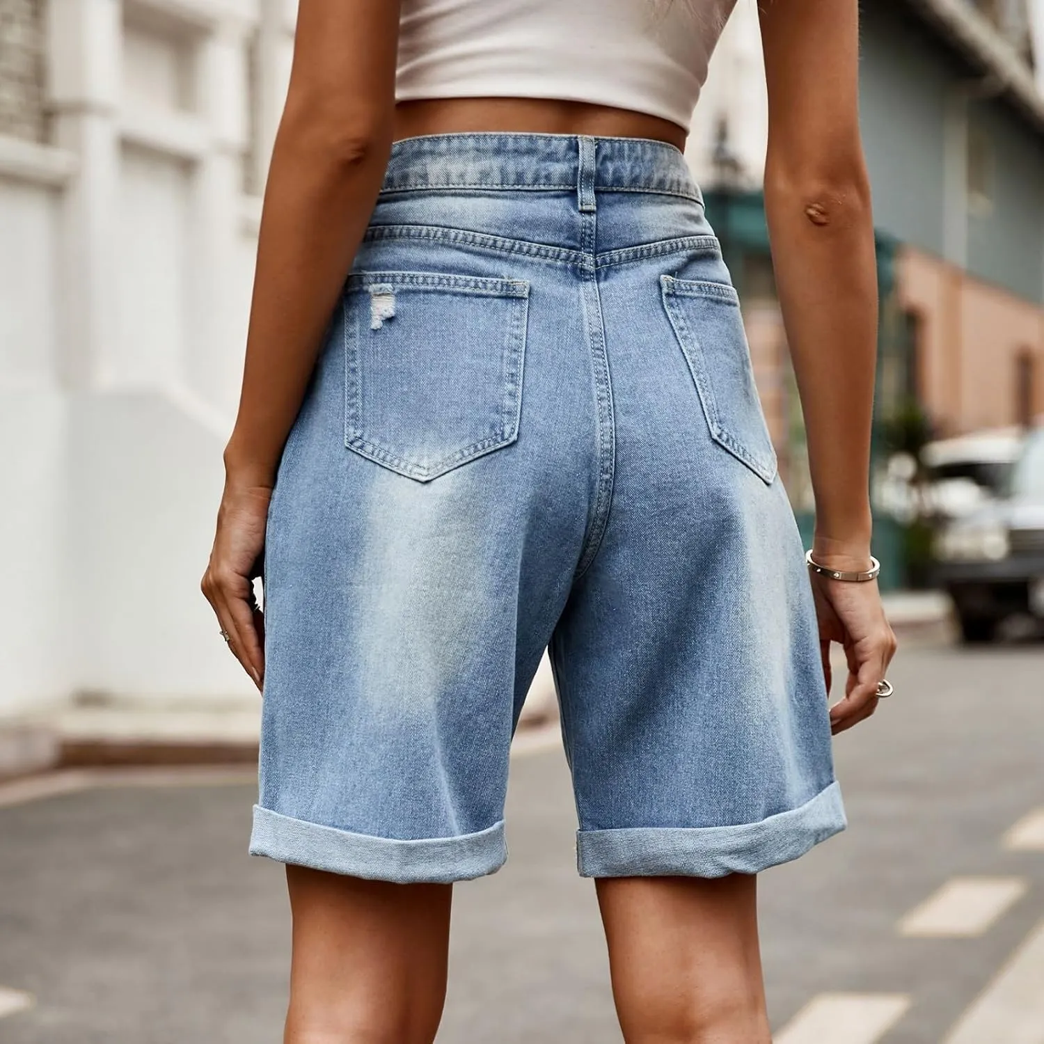 Bermuda Jean Shorts for Women High Waisted Trendy Stretchy Denim Shorts Knee Length Cropped Loose Fit Long Short