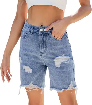 Bermuda Jean Shorts for Women High Waisted Trendy Stretchy Denim Shorts Knee Length Cropped Loose Fit Long Short