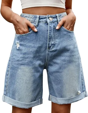 Bermuda Jean Shorts for Women High Waisted Trendy Stretchy Denim Shorts Knee Length Cropped Loose Fit Long Short