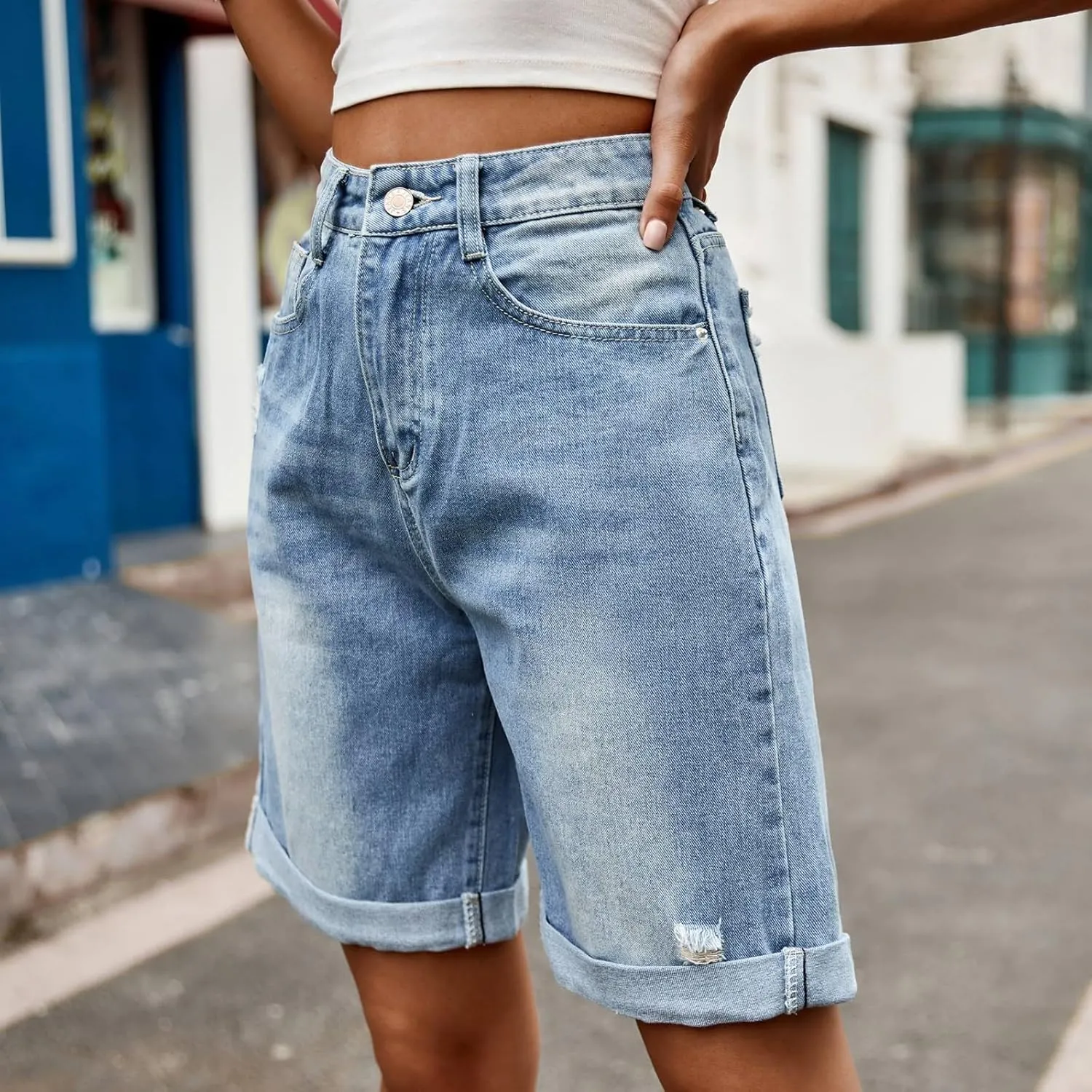Bermuda Jean Shorts for Women High Waisted Trendy Stretchy Denim Shorts Knee Length Cropped Loose Fit Long Short