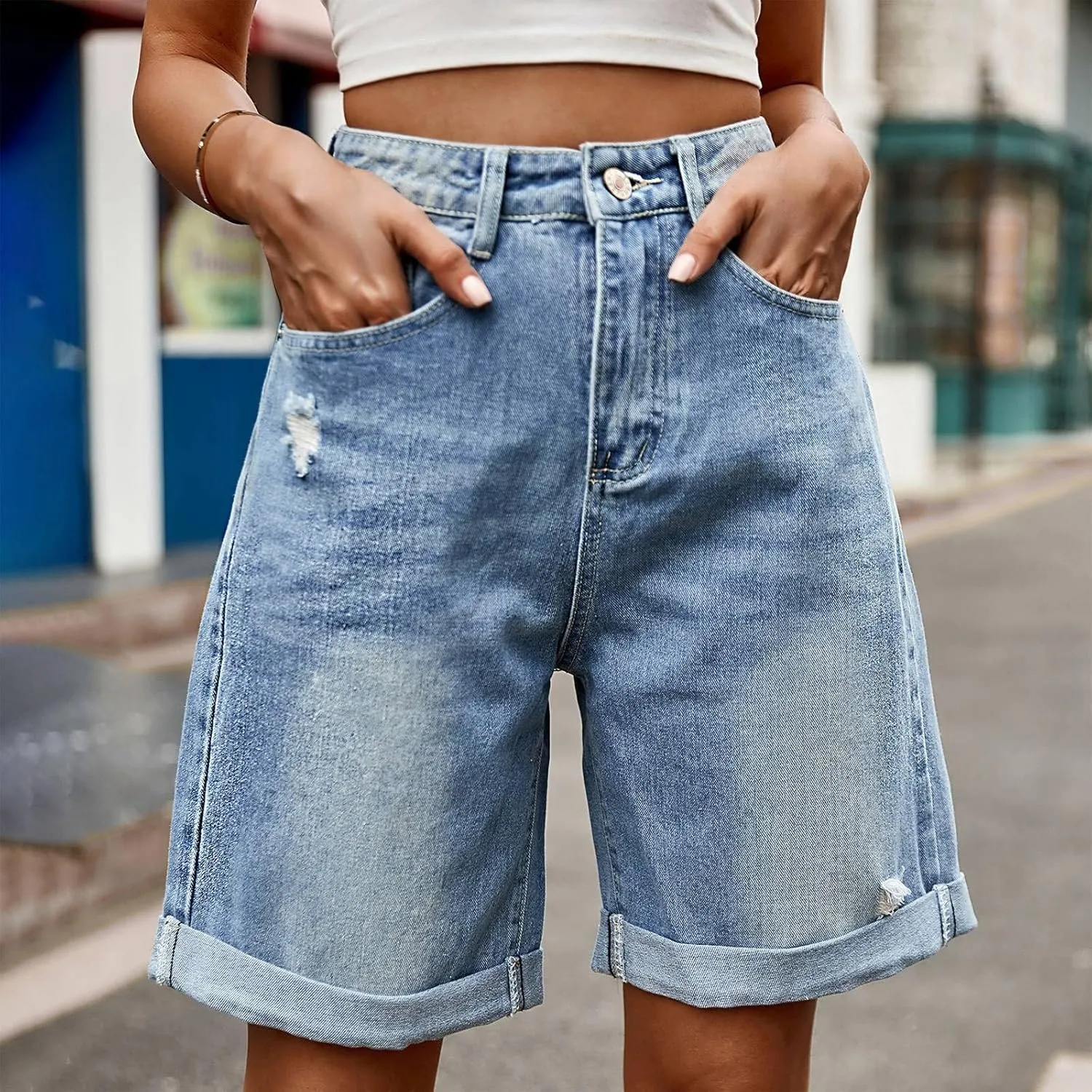 Bermuda Jean Shorts for Women High Waisted Trendy Stretchy Denim Shorts Knee Length Cropped Loose Fit Long Short