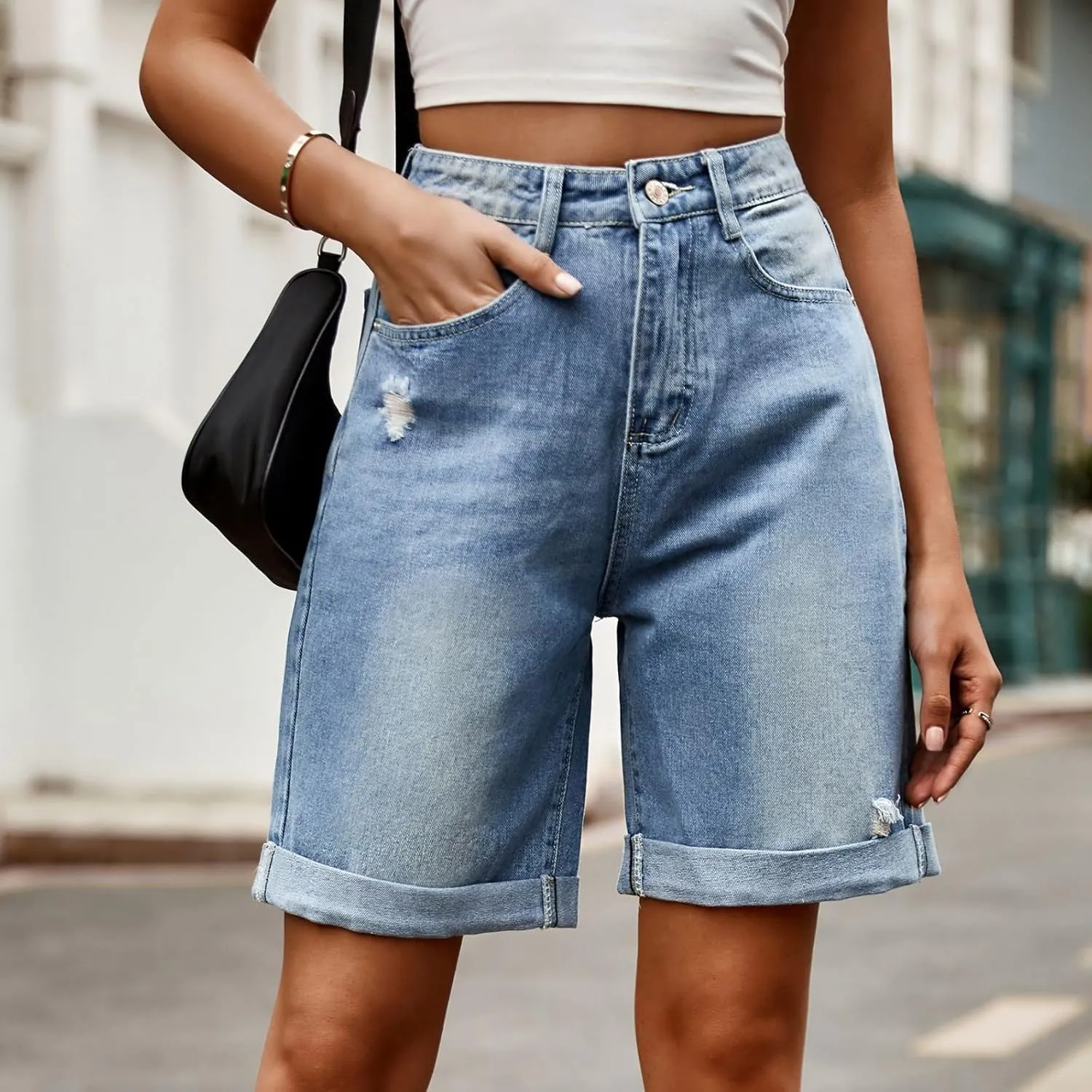 Bermuda Jean Shorts for Women High Waisted Trendy Stretchy Denim Shorts Knee Length Cropped Loose Fit Long Short