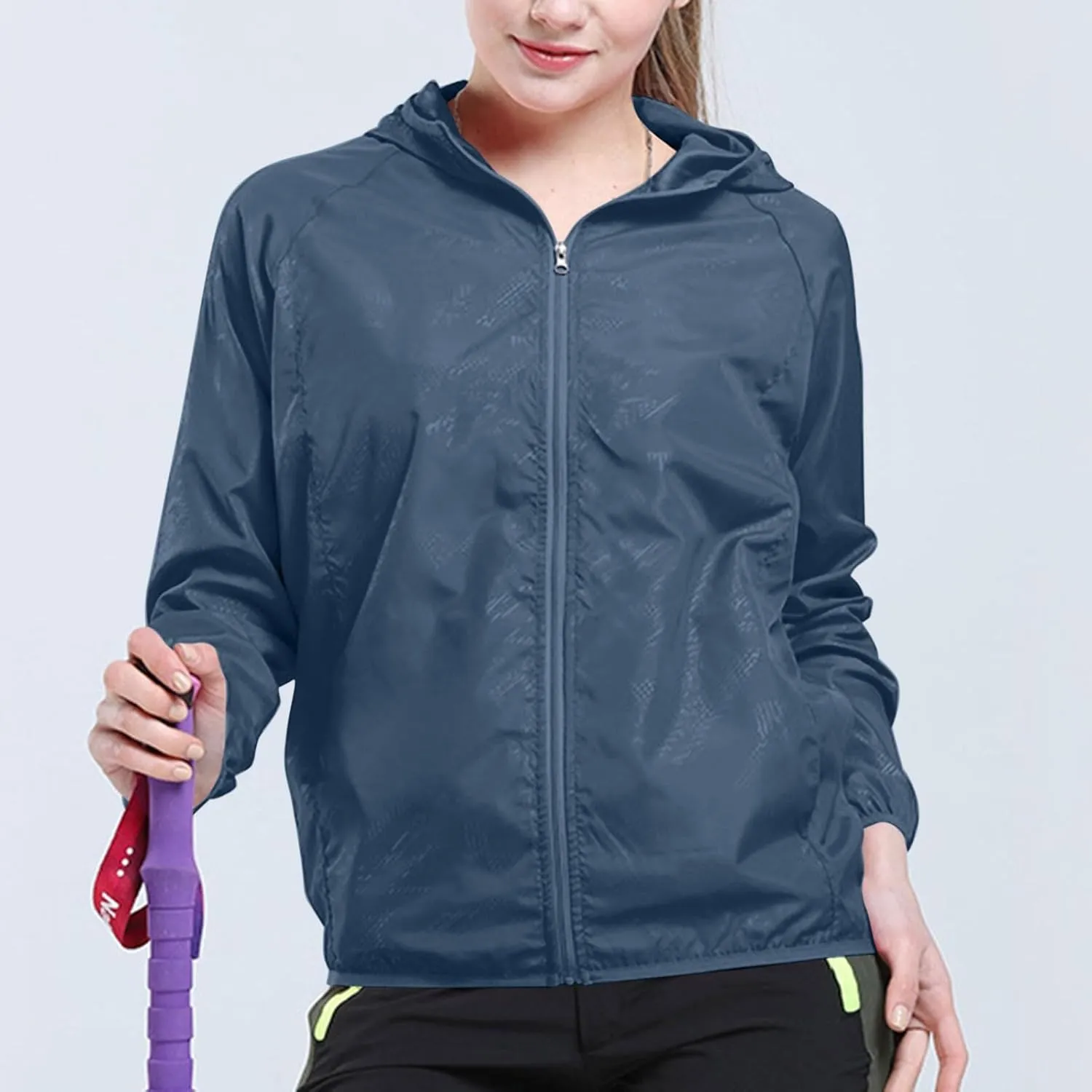Binmer Women Men Windproof Jacket Plus Size Lightweight Sun Protection Hooded Full Zip Windbreaker Outdoor Riding Sports Coat