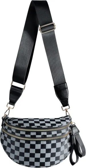 Black and White Checkered Crossbody Bag Bum Bag for Women,Spacious Checkered Purse Fanny Packs Belt Bag
